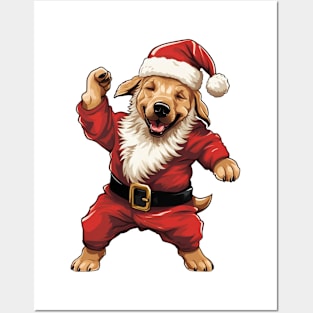 Cartoon Christmas Golden Retriever Dog Dancing Posters and Art